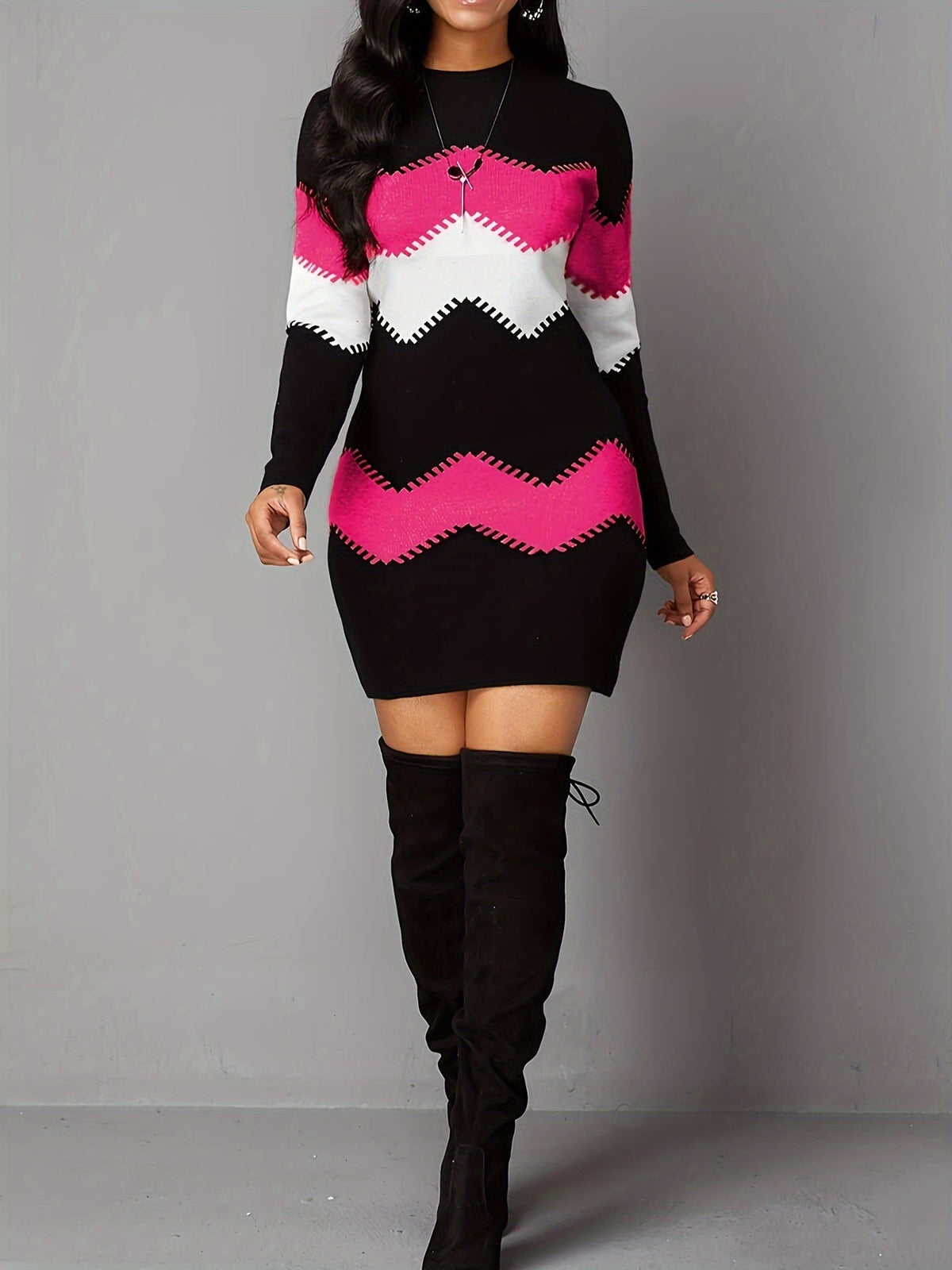 Casual Dress, Women's Colorblock Stripe Print Long Sleeve Round Neck Dress