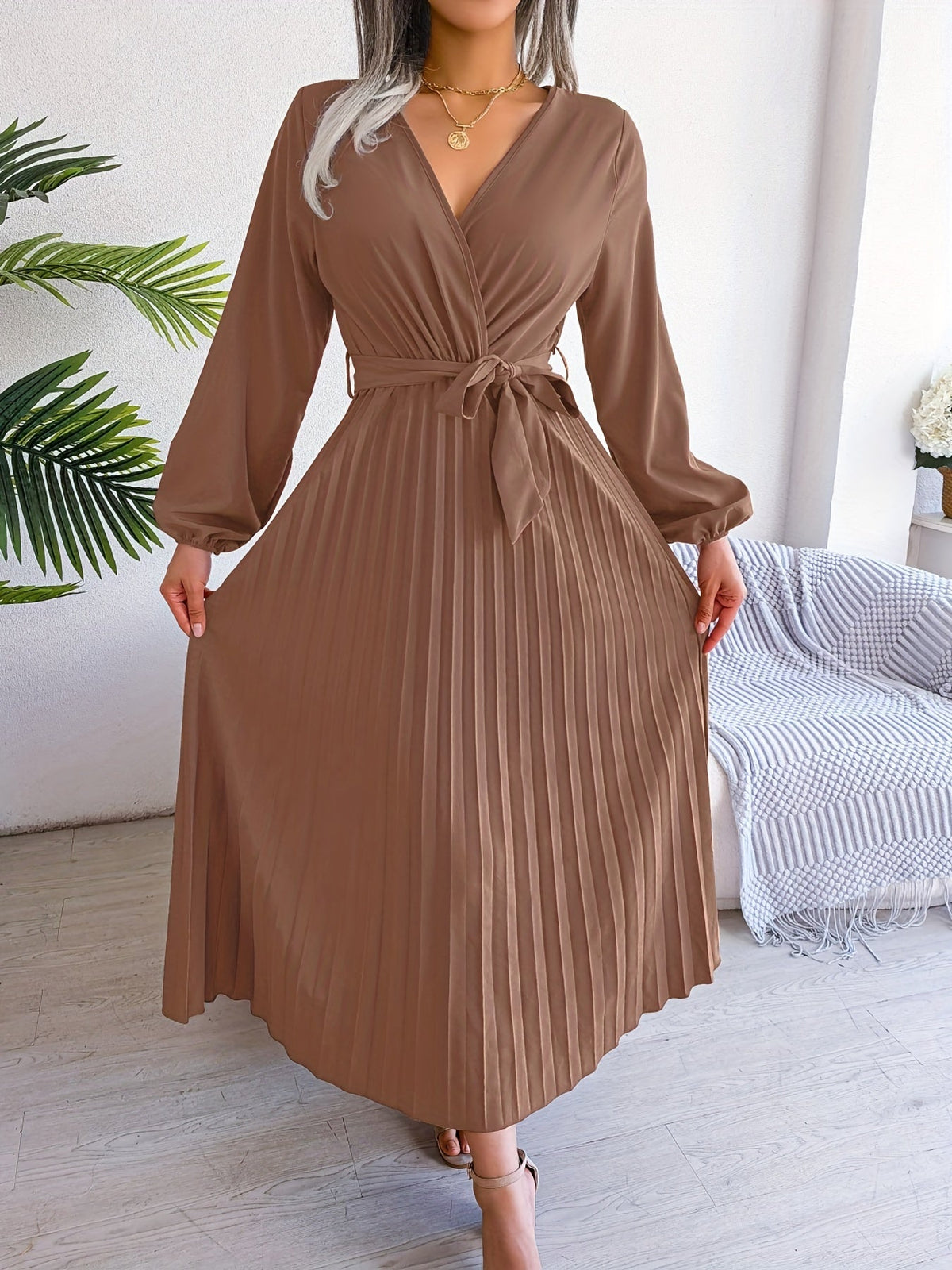 Pleated Surplice Neck Dress, Elegant Long Sleeve Solid Dress, Women's Clothing