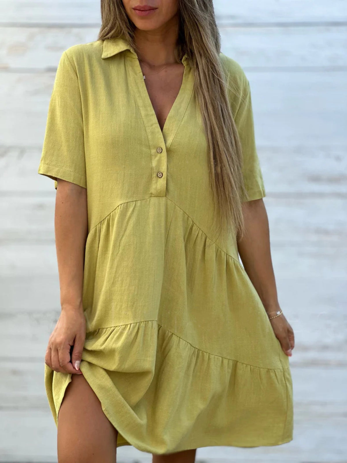 Linen Women's Summer Dress - Loose Fit, Short Sleeve, Lapel Collar, Button Front