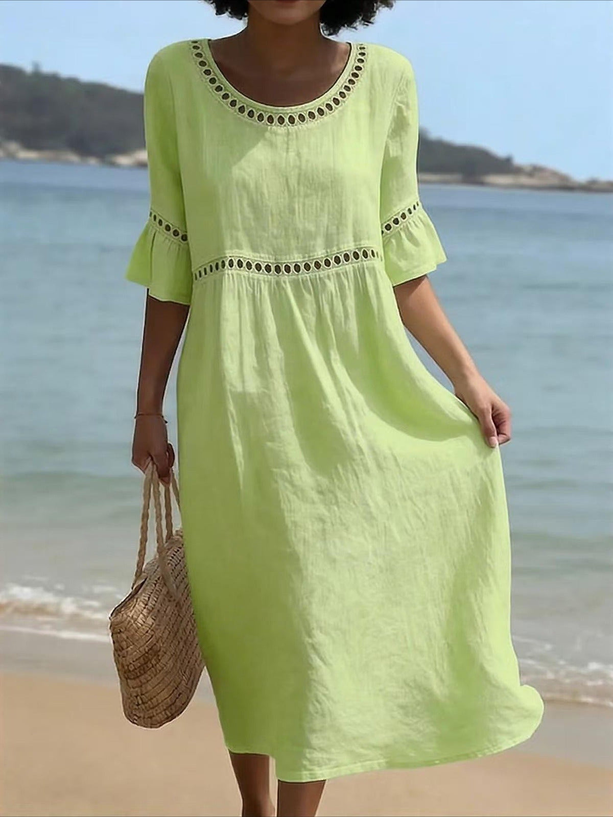 Color Retro Laced Lace Short Sleeve Round Neck Dress