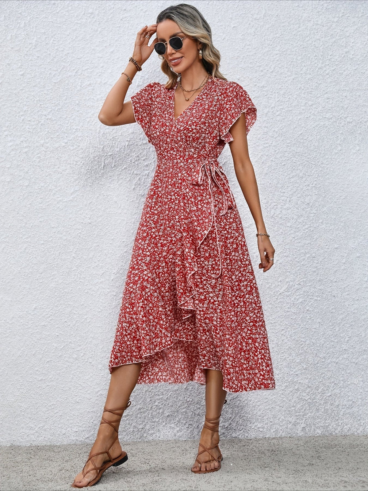 Women's Floral Print Surplice Dress with Flutter Sleeves and Ruffle Hem