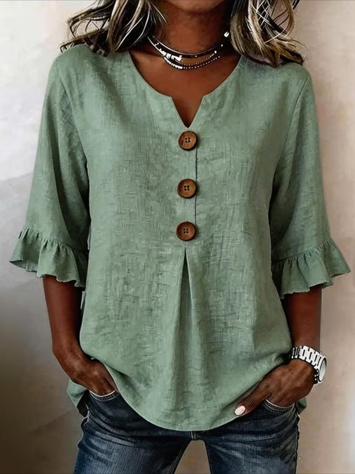 Solid Color Floral V Neck Button Short Ruffle Sleeve Casual Top