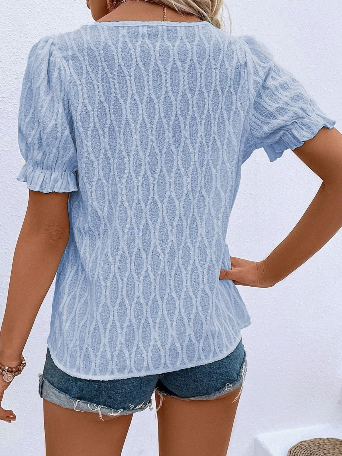 Solid Notched Neck Puff Sleeve Blouse