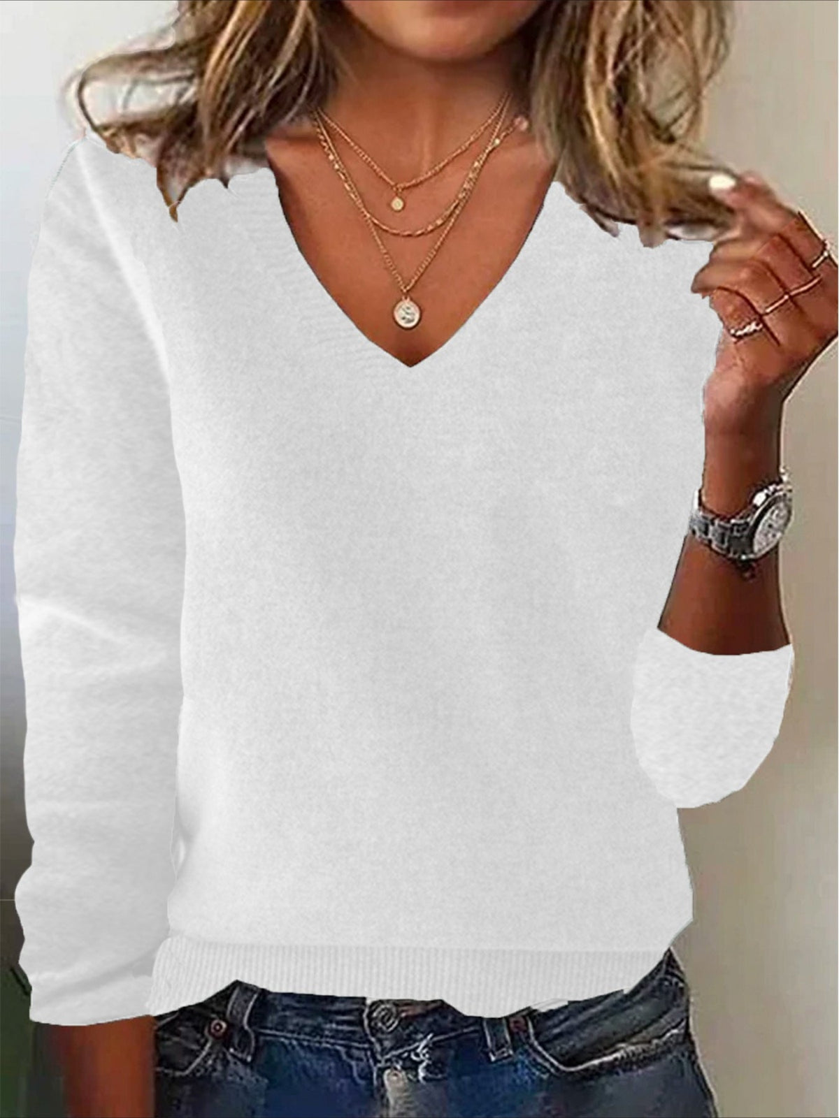 Plain Casual Long Sleeve V Neck Yarn/Wool Yarn Sweater