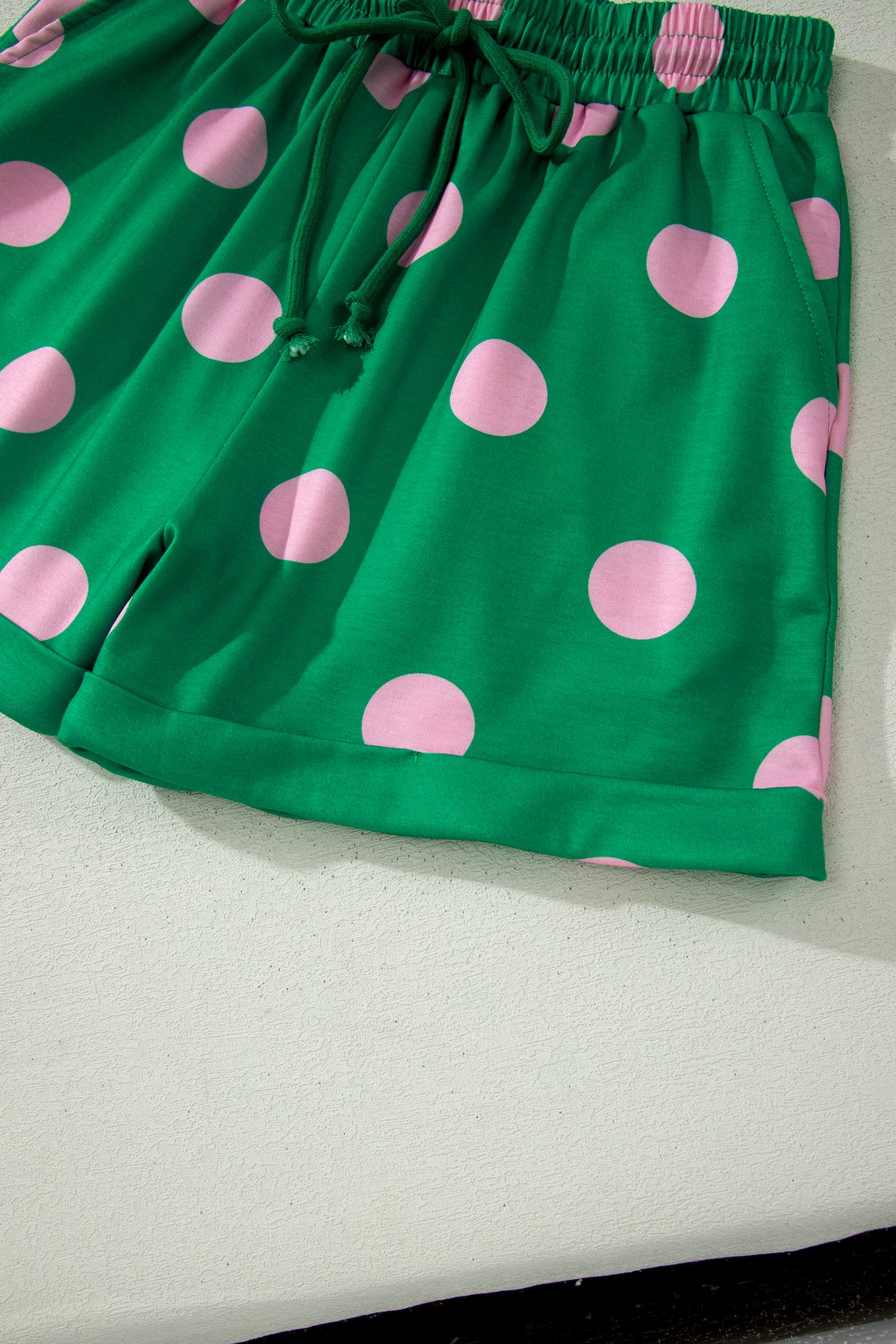 Green Polka Dot Print V Neck Tee Short Set