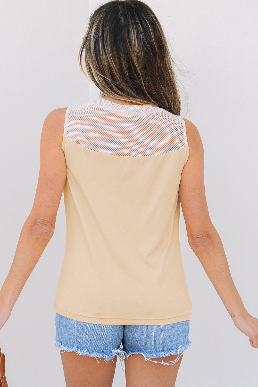 Oatmeal Solid Mesh Patchwork Crew Neck Tank Top