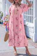 Pink Notched Neck Flutter Short Sleeve Floral Print Maxi Dress