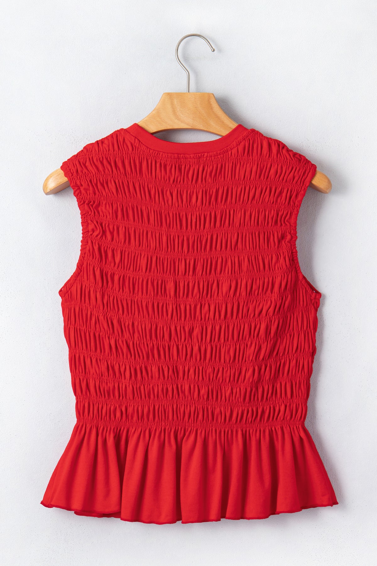 Fiery Red Shirred Slim Fit Ruffle Hem Tank Top