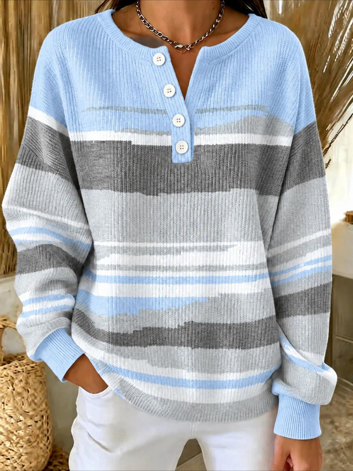 Abstract V Neck Button Long Sleeve T-Shirt