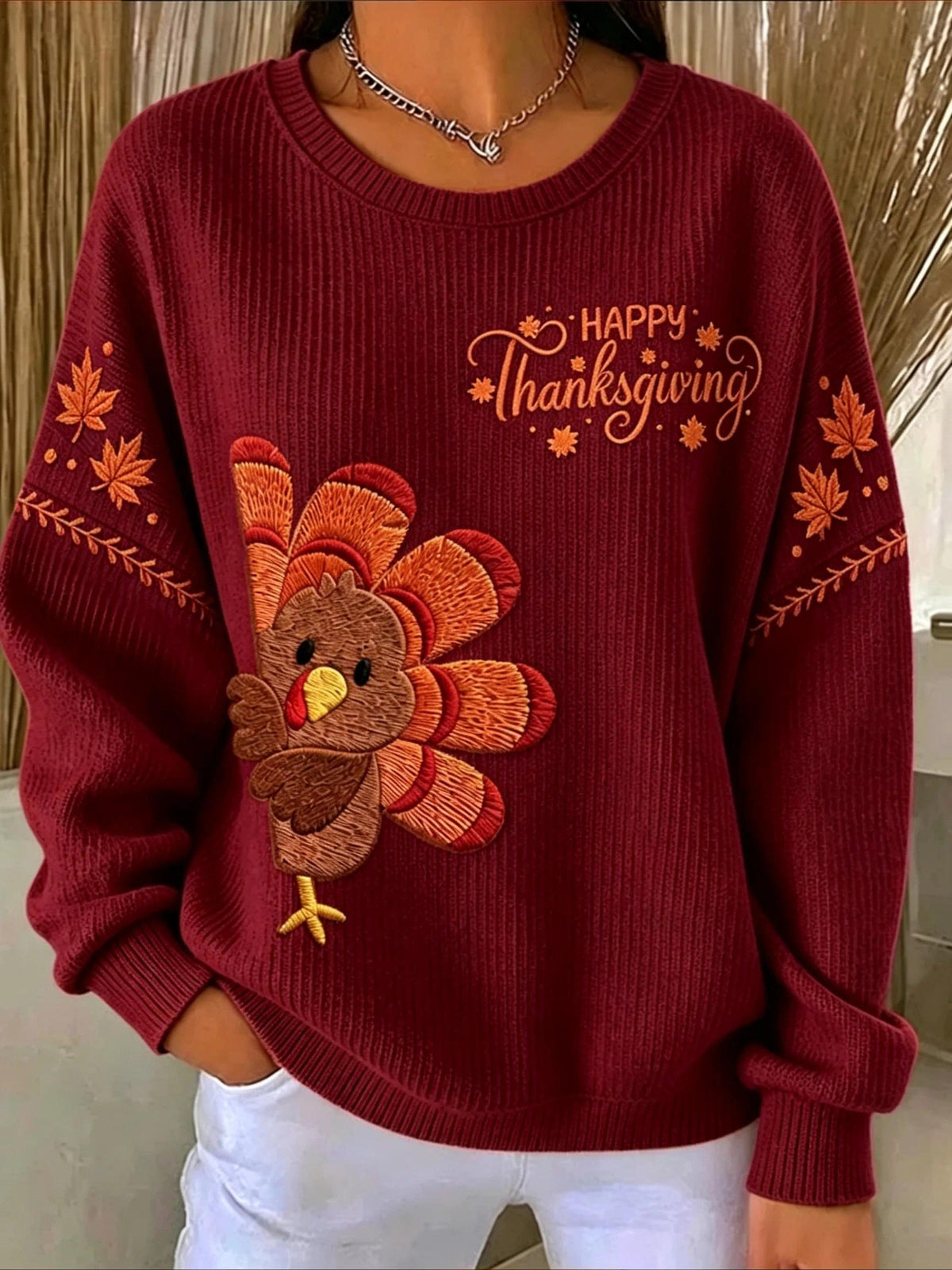 Crew Neck Maple Leaf Long Sleeve Sweater Hoodie