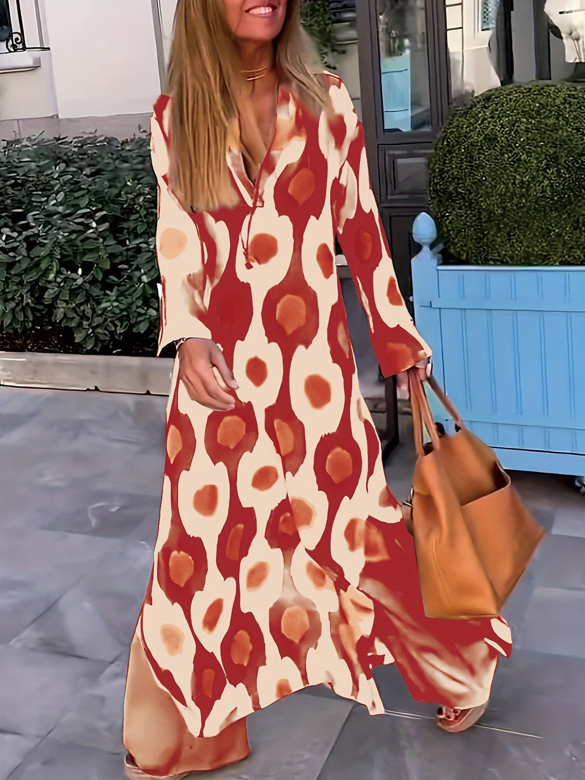 Graphic Print Split Dress, Vintage V Neck Long Sleeve Maxi Dress