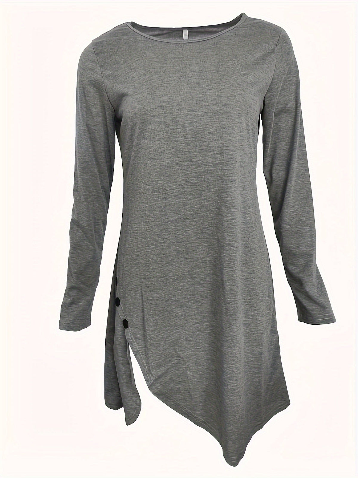Solid Color Crew Neck, Casual Long Sleeve Asymmetric Hem Dress
