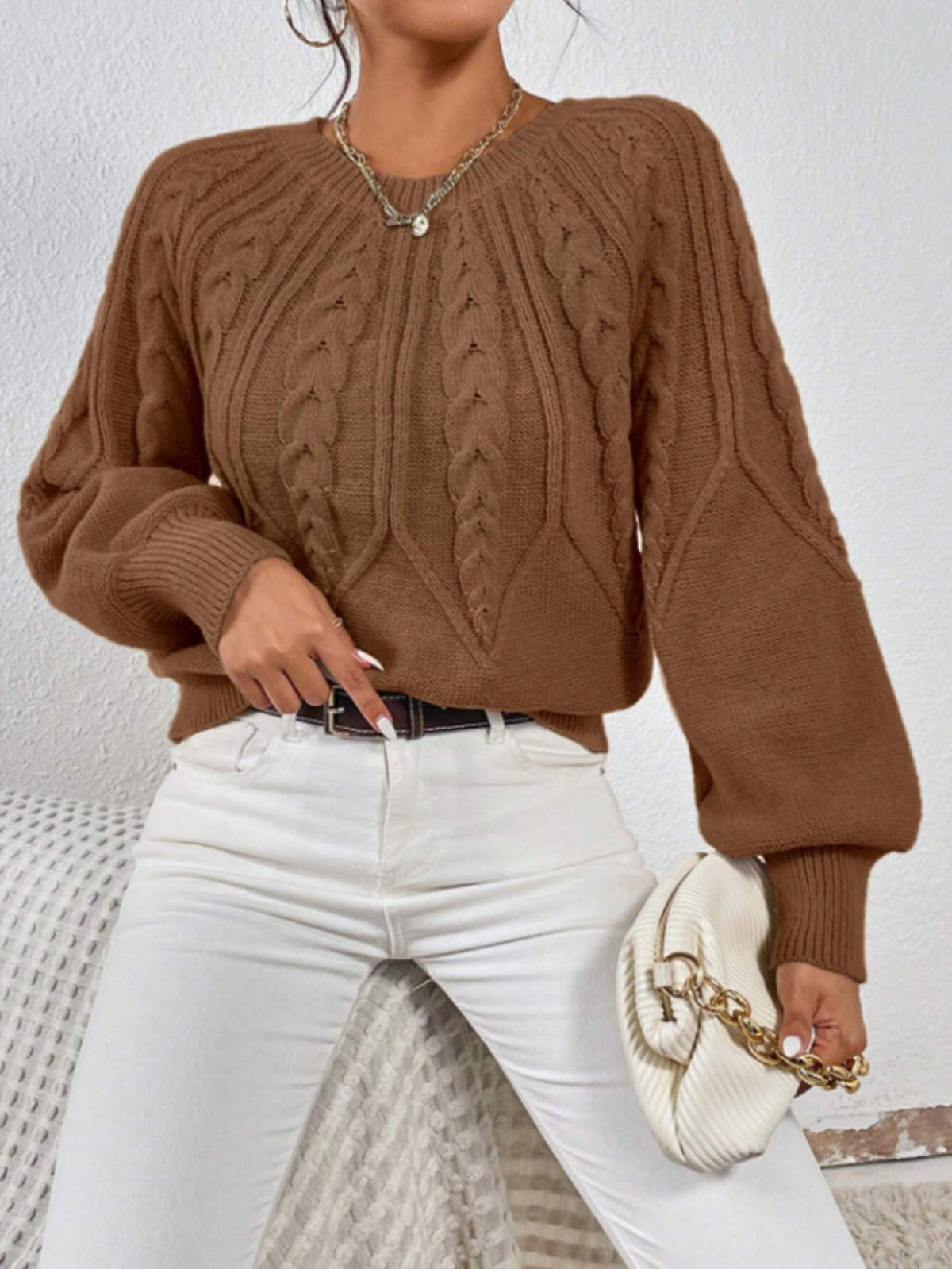 Casual Pullover Chic Knit Lantern Sleeves & Ruffle Detail Sweater