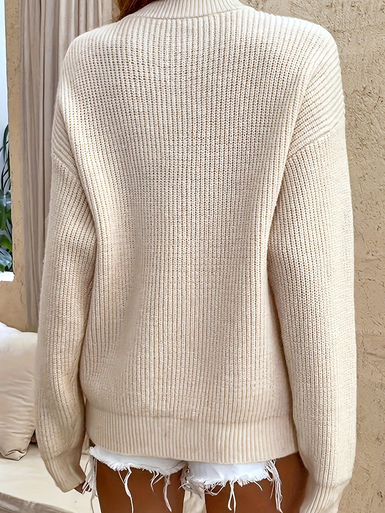 Cozy Long Sleeve Pullover Button Details Casual Crew Neck Sweater
