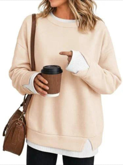 Plain Crew Neck Split Joint Casual Spring/Fall Long Sleeve Sweatshirt