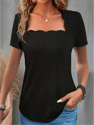 Elegant Black Square Neck Short Sleeve Solid Regular Fit Basic T-Shirt