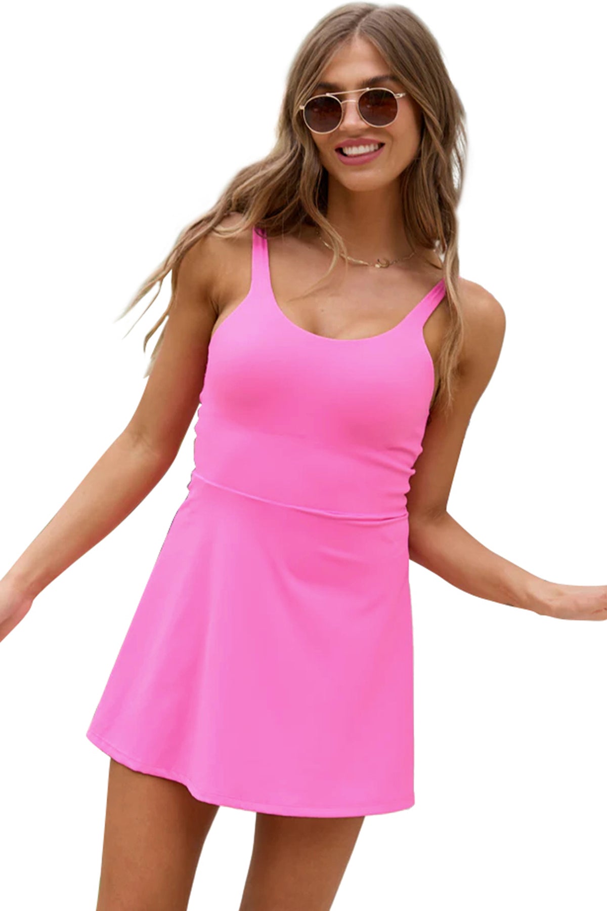 Bright Pink Twisted Strappy Back Active Mini Dress with Shorts