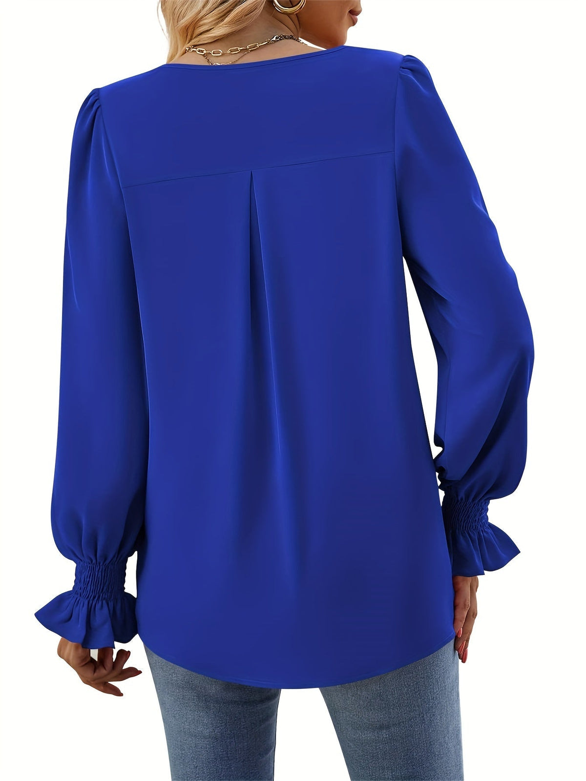 Solid V Neck Simple Blouse, Elegant Long Sleeve Ruched Blouse