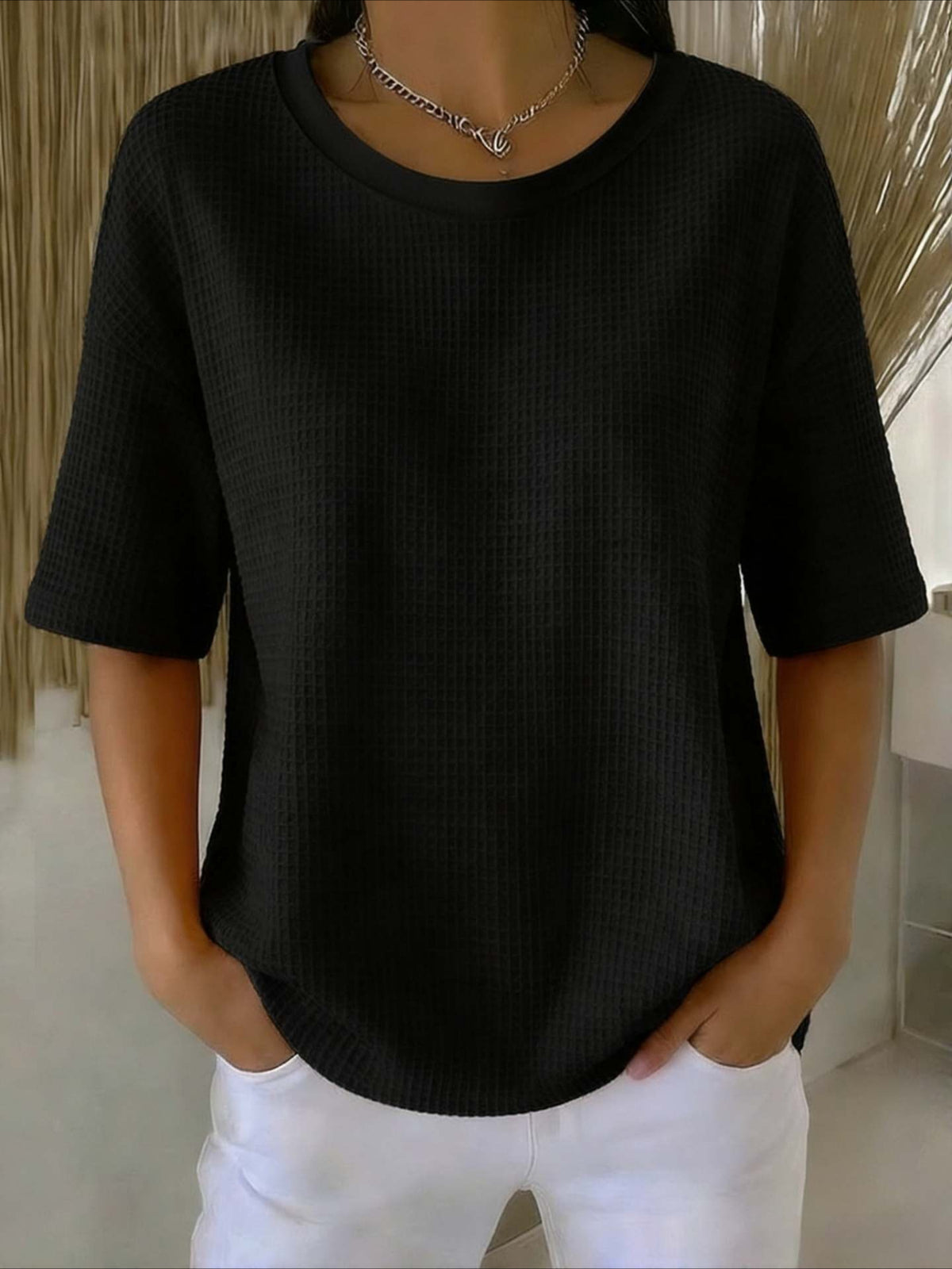 Waffle Solid Color Classic Modern Casual Short Sleeve Crew Neck Regular Tops