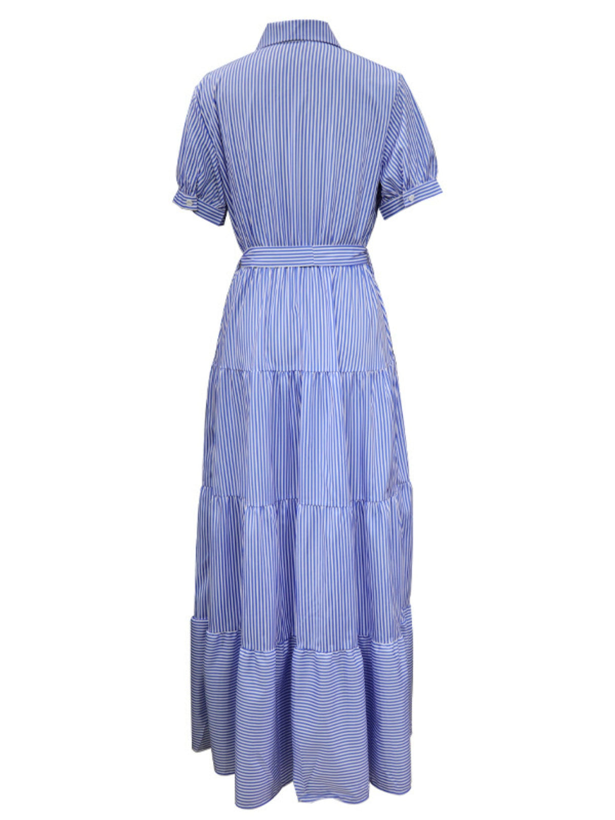 Button Front Short Sleeves Vibrant Striped Tunic Shirt Maxi Dress