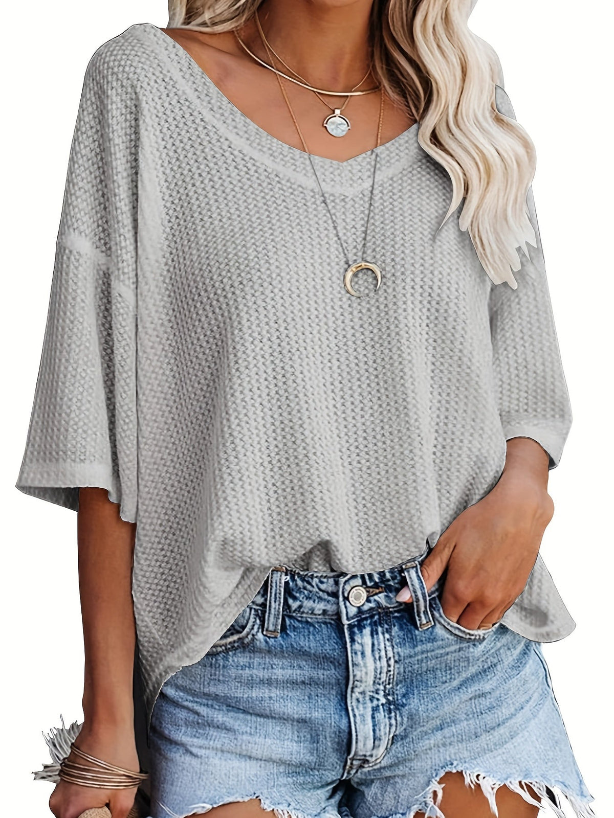 Solid Elegant V Neck T-Shirt, Drop Shoulder Casual Top