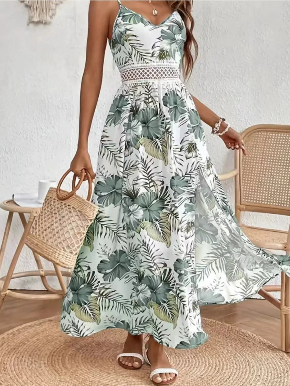Floral Print Spaghetti Strap Elegant Sleeveless Split Dress