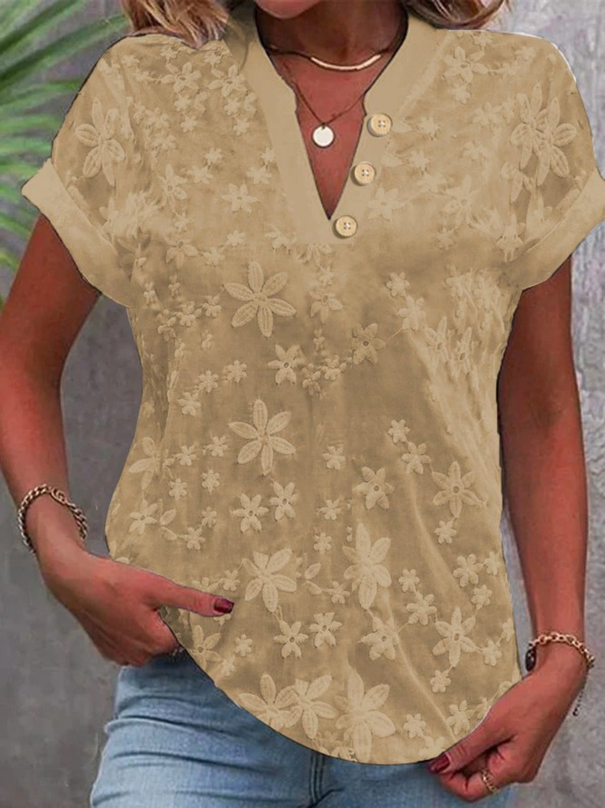 V-Neckline Comfortable Short Sleeves Classic Button Front Closure Relaxed Fit Embroidered Blouse