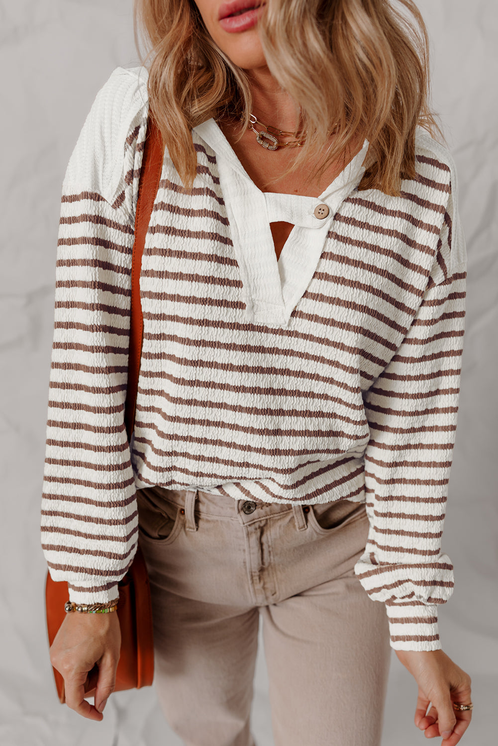 Khaki Stripe Textured Hooded V Neck Casual Long Sleeve Top