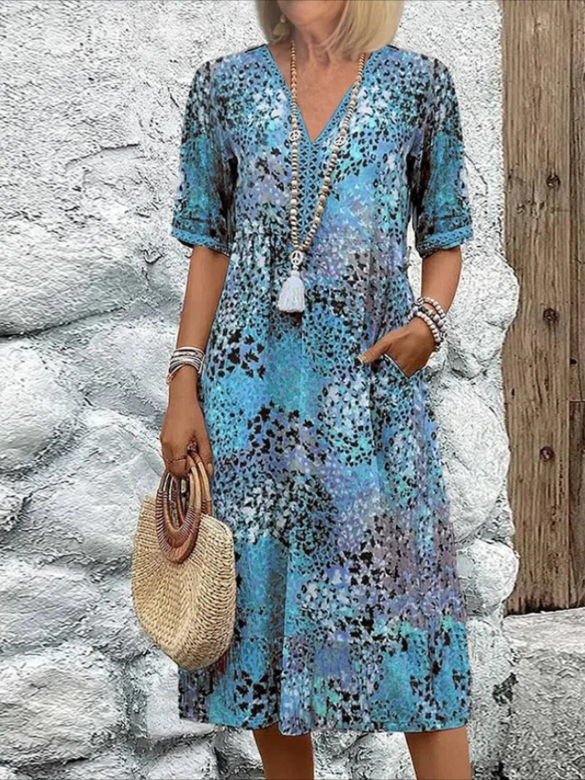 V Neck Short Sleeves Print Casual Midi Dress