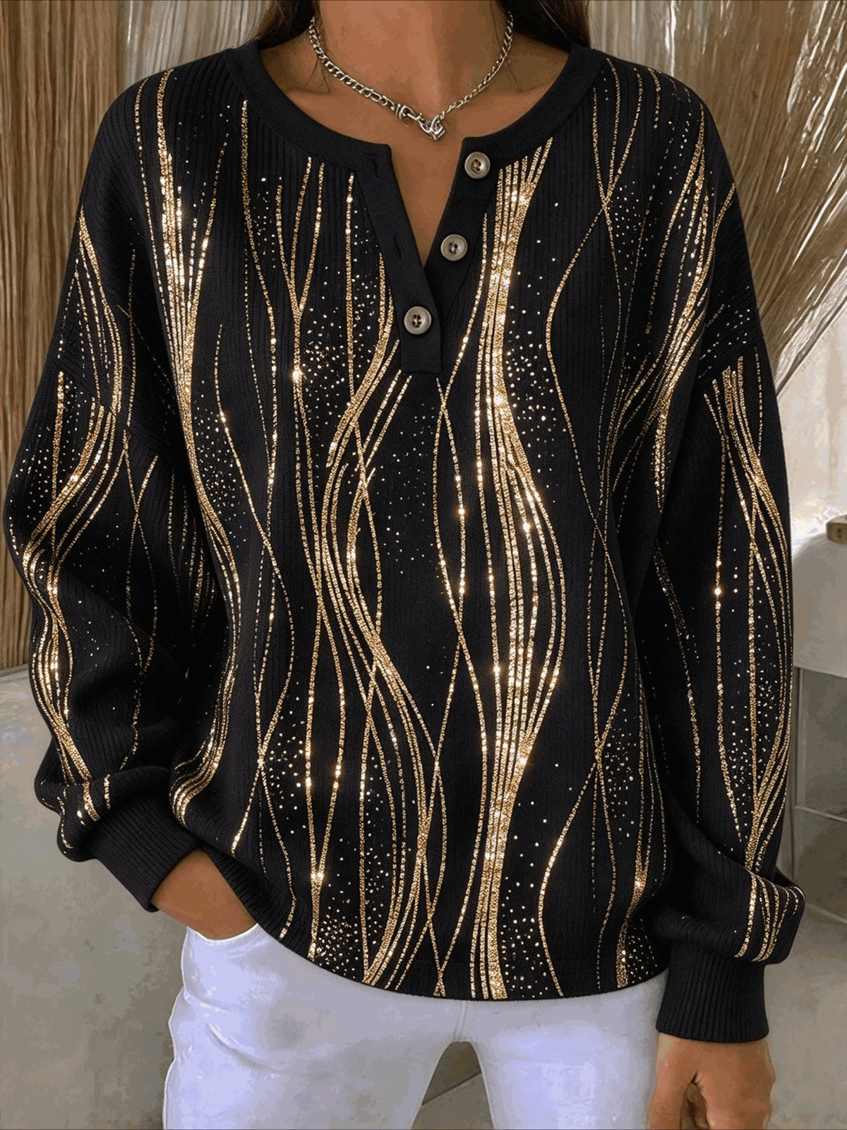 Stripe Buckle Henley Collar Sweatshirt