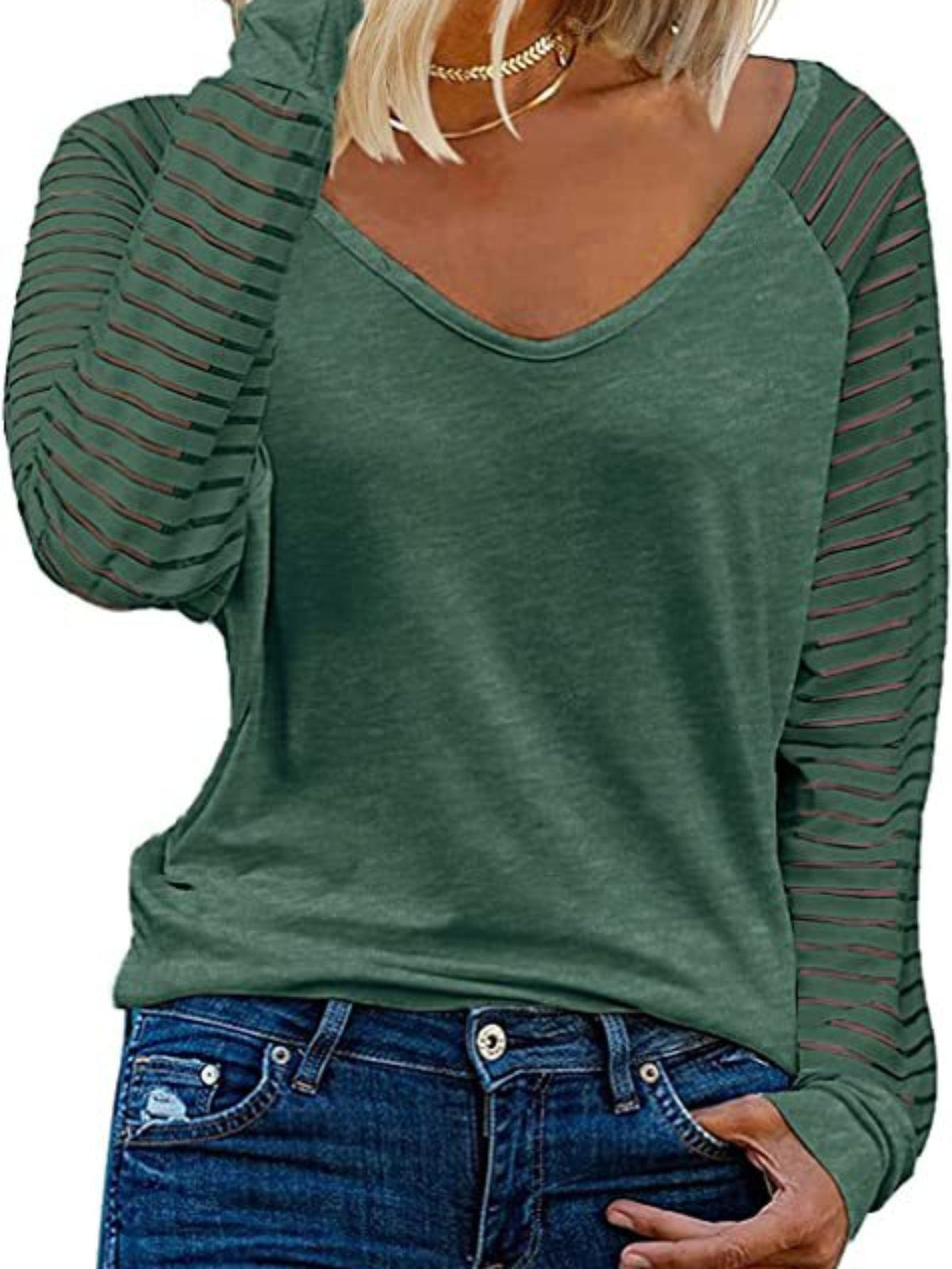 Striped Print Long Sleeve T-Shirt, Casual V Neck T-Shirt