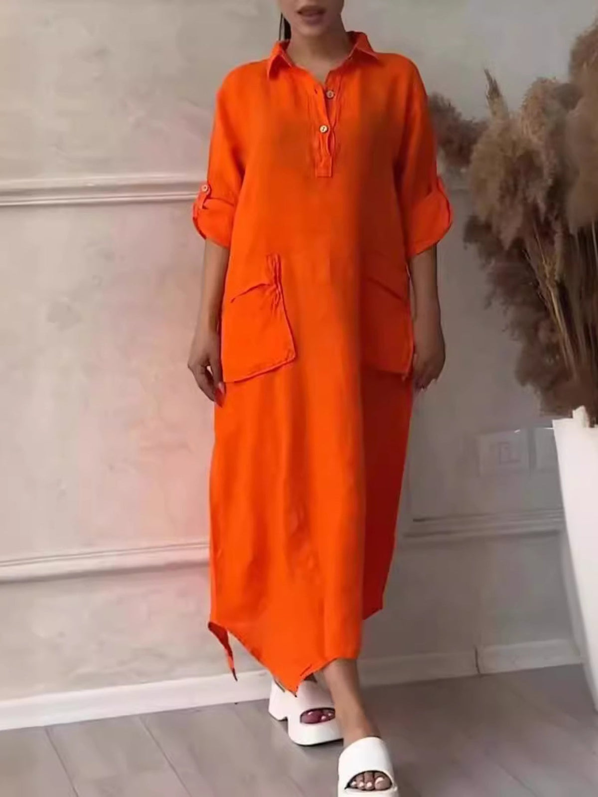 Solid Color Casual Shawl Collar Plain Loose Dress