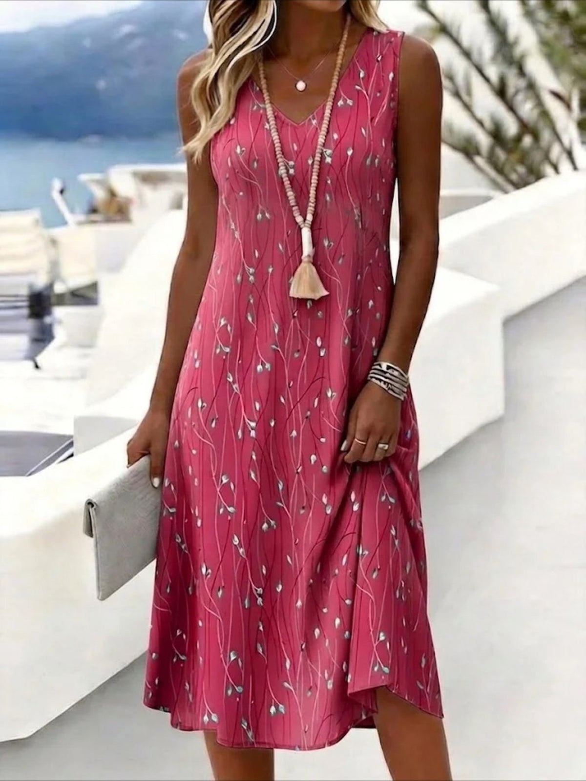 Leaf Print Sleeveless V-Neck Casual Midi Dress