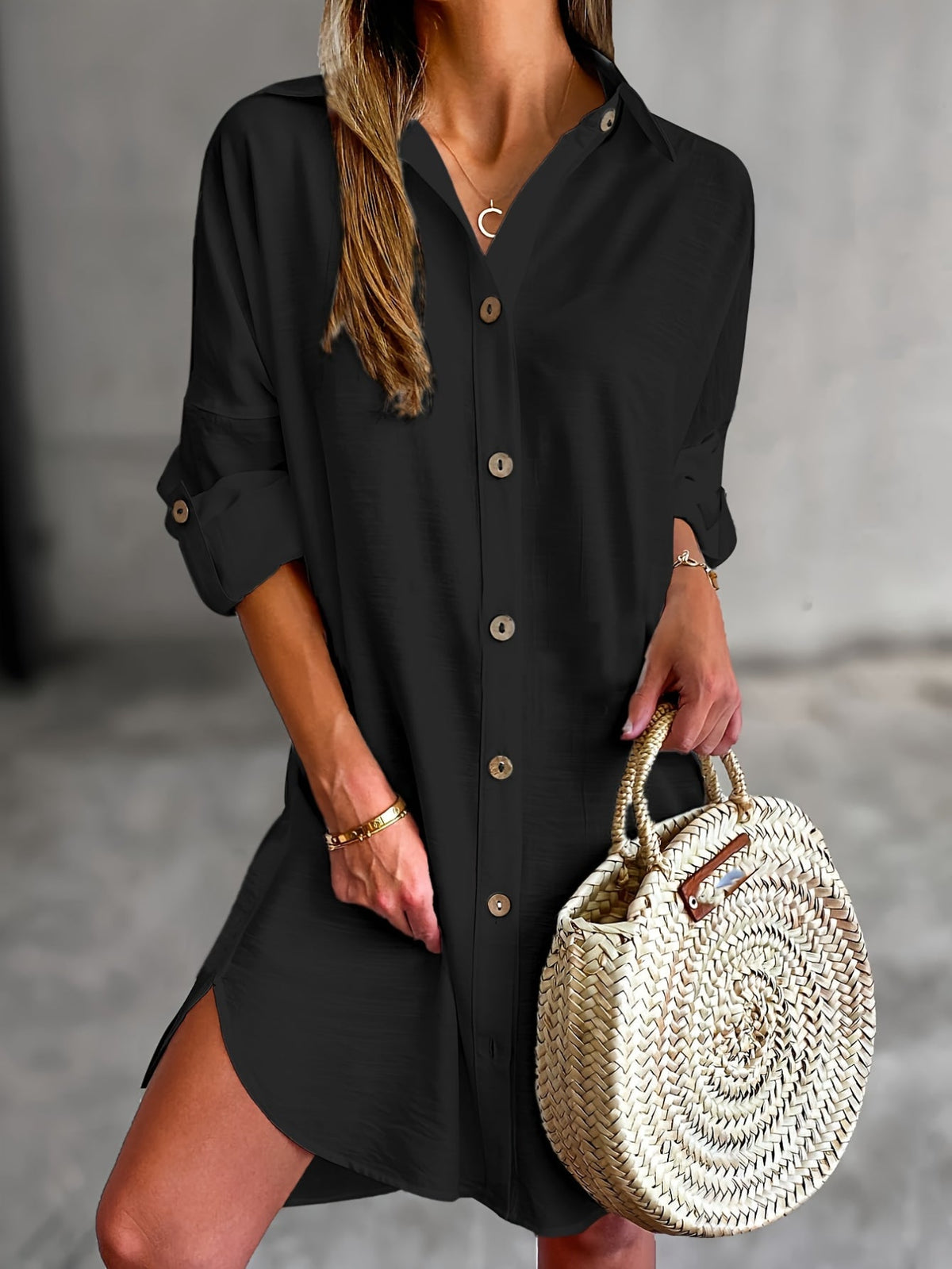 Solid Color Button Front Shirt Dress, Casual Long Sleeve Lapel Dress