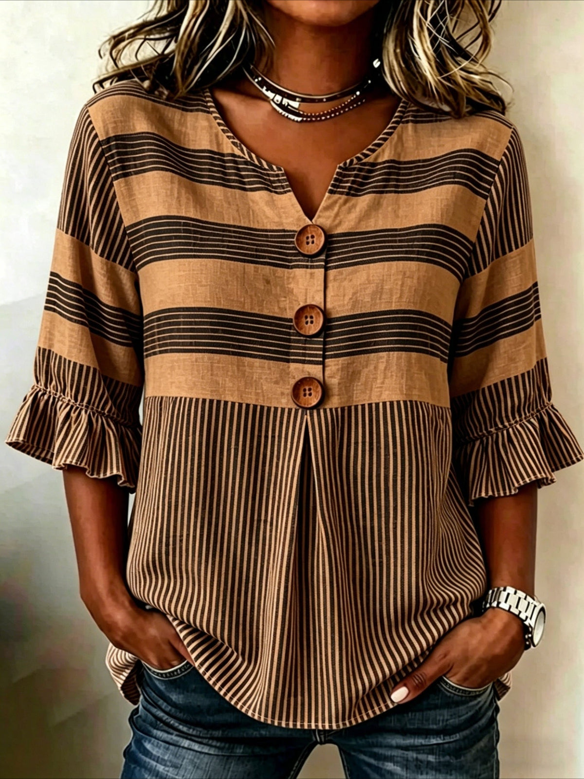 Striped Print V Neck Button Short Ruffle Sleeve Casual Top