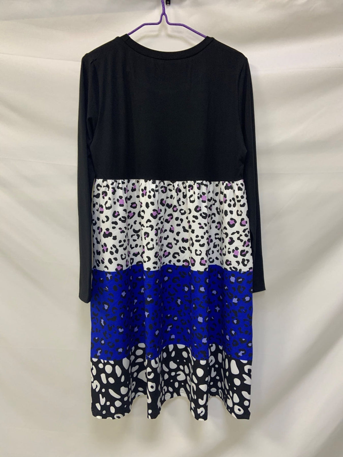 Leopard Print Color Block Dress, Casual Crew Neck Long Sleeve Dress