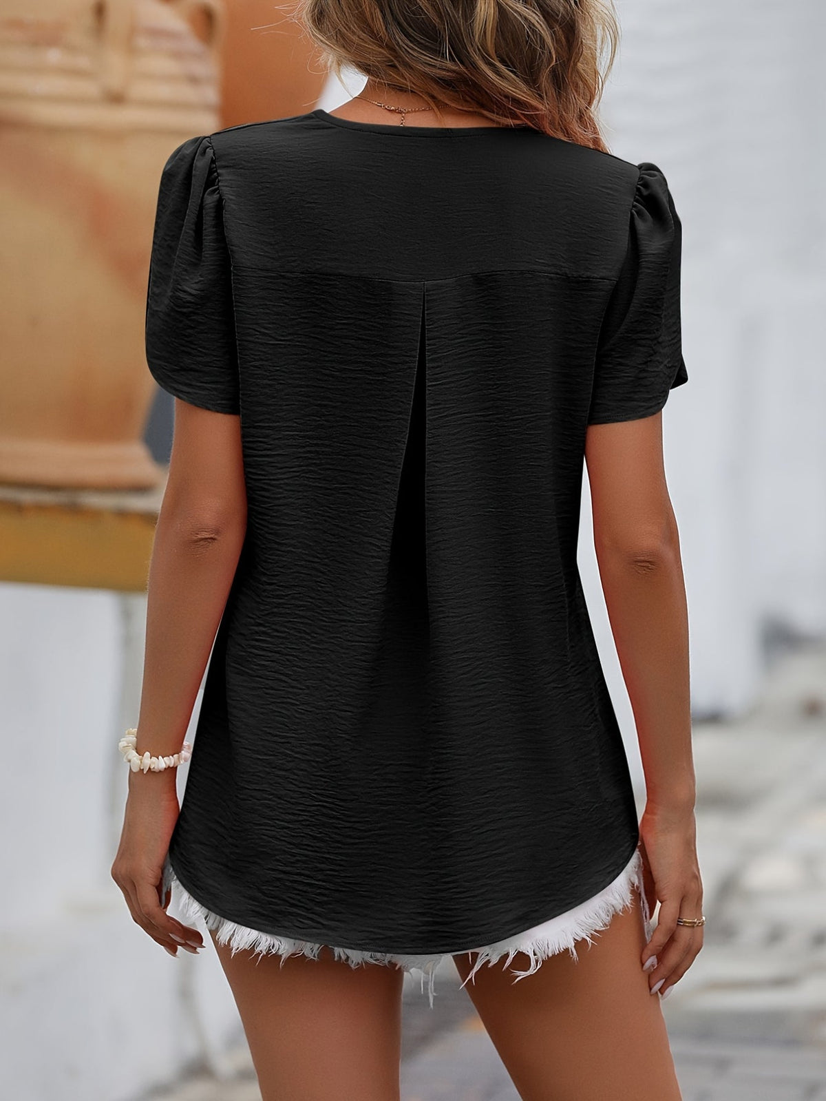 Simple Solid Top, Casual V Neck Short Sleeve Top
