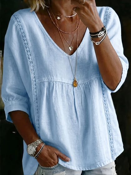 Casual Seven-Point Sleeve Lace V-Neck Pullover Multi-Color Tops