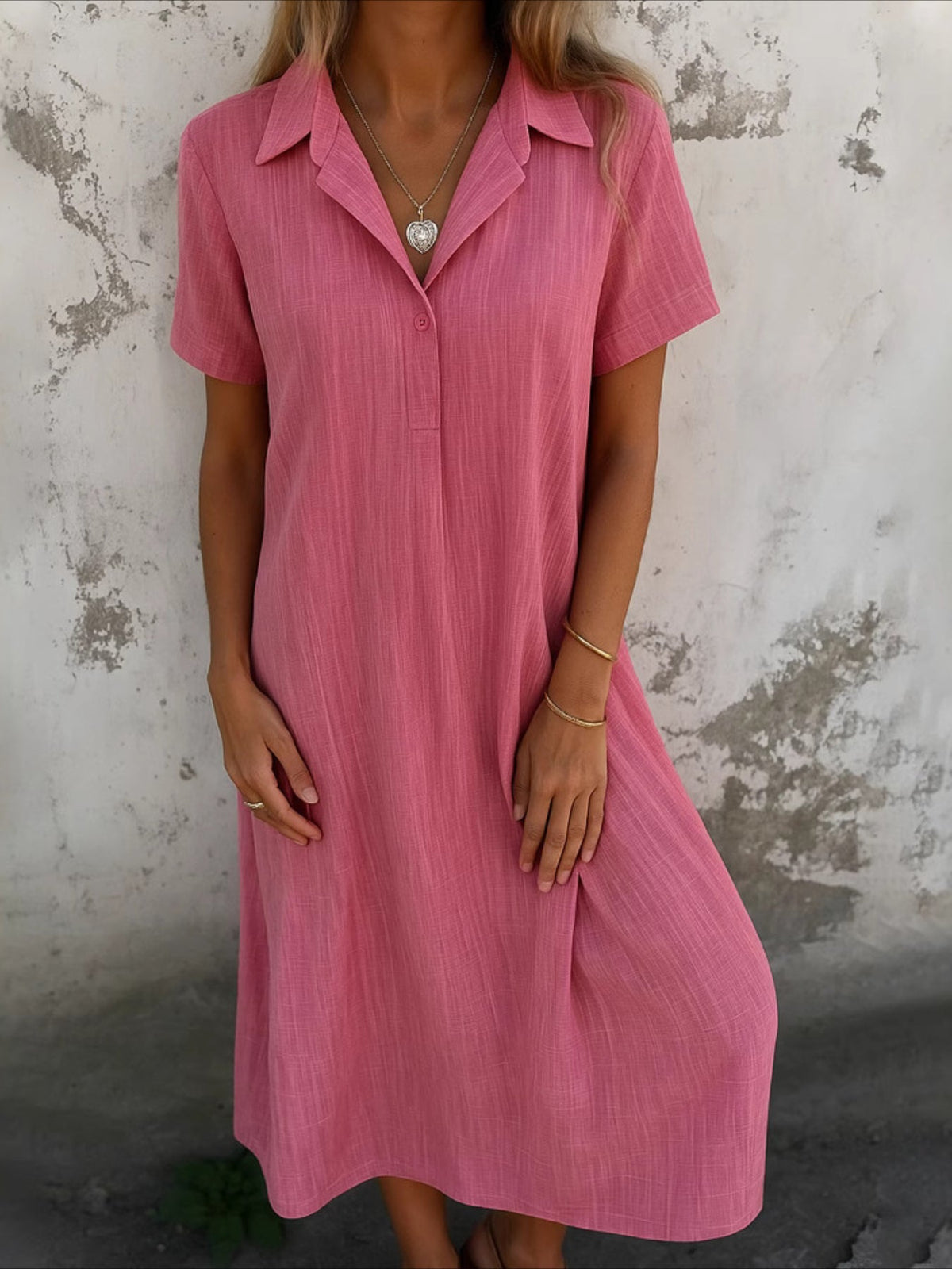 Women Plain Shirt Collar Short Sleeve Comfy Casual Maxi Dress
