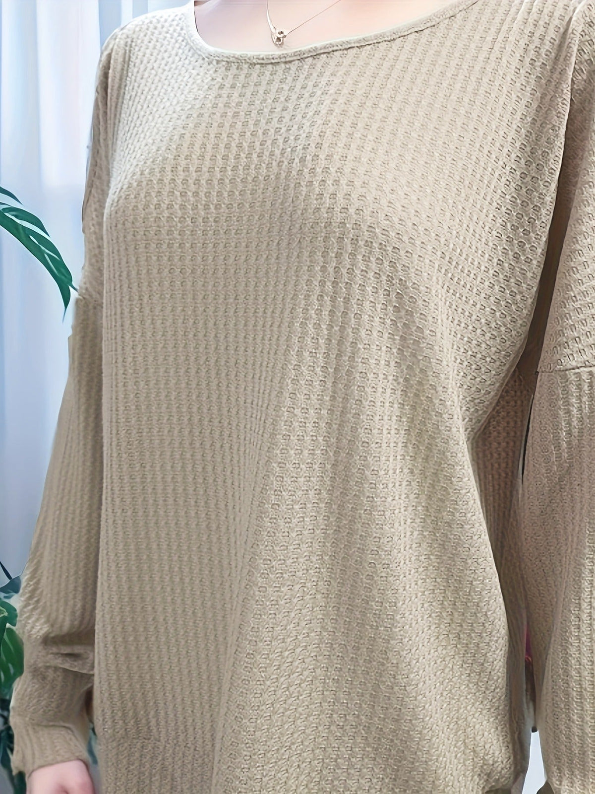 Waffle Cold Shoulder Crew Neck T-Shirt, Casual Long Sleeve Top