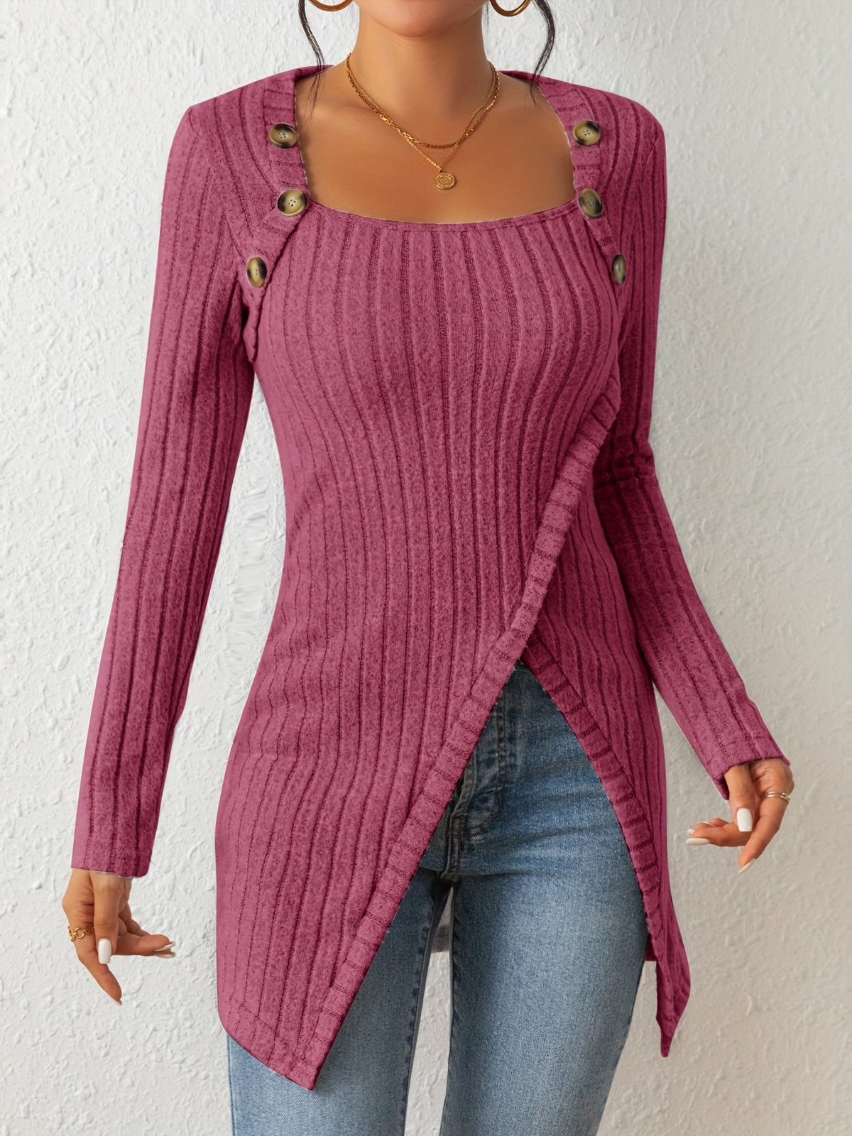 Button Decor Asymmetrical Hem T-Shirt, Casual Ribbed Long Sleeve Top