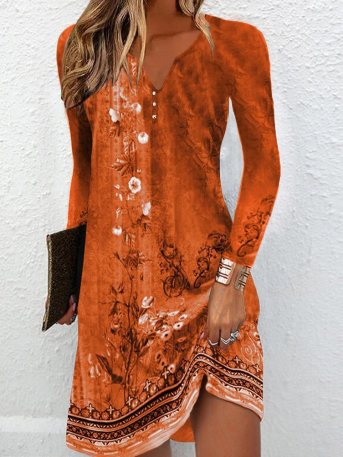 Floral Print Notched Neck Dress, Vintage Long Sleeve Mini Dress