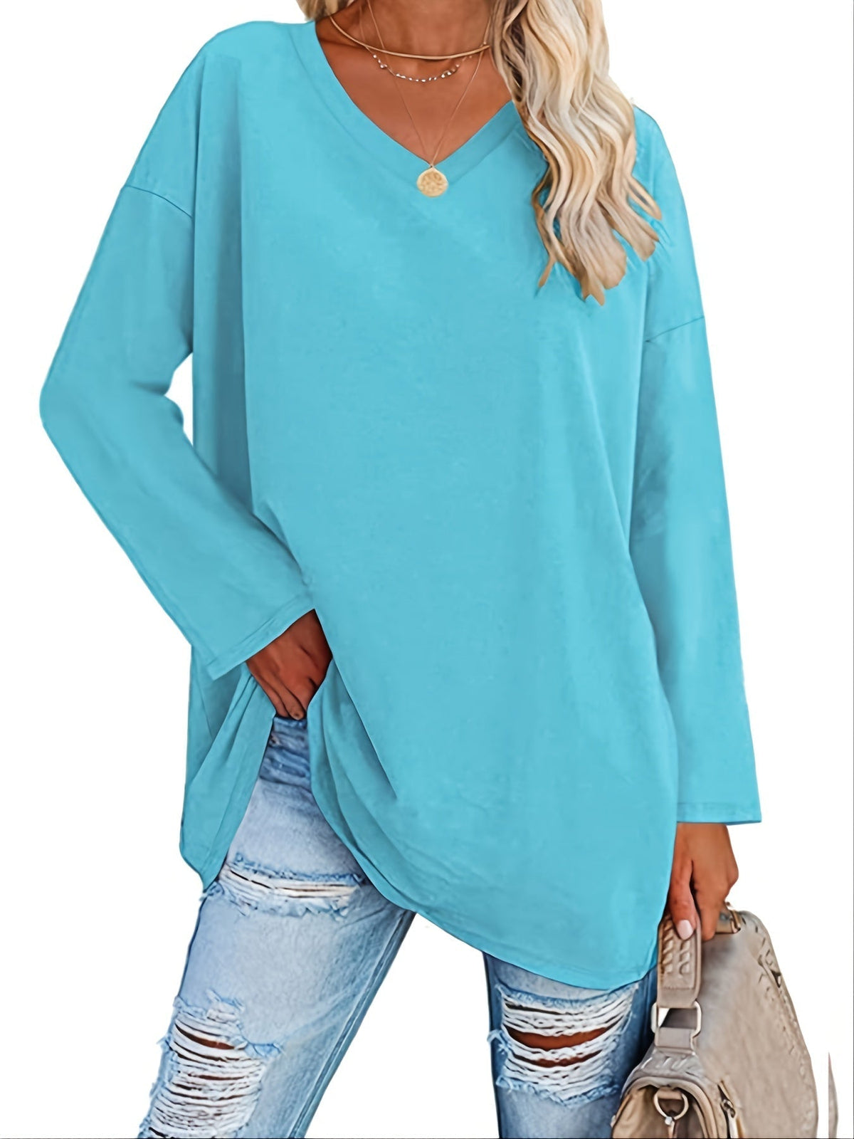 Women's Solid Color Oversized Tops, V-Neck Long Sleeve T-Shirts, Casual Loose Shirts