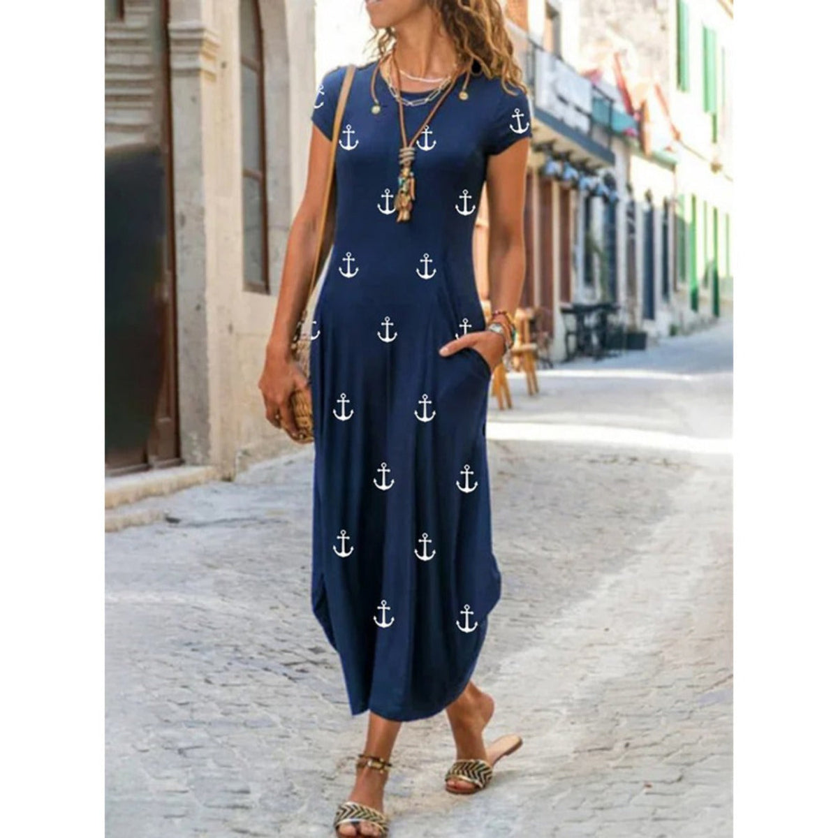 Boho Paisley Print Crew Neck Dress, Casual Short Sleeve Dress