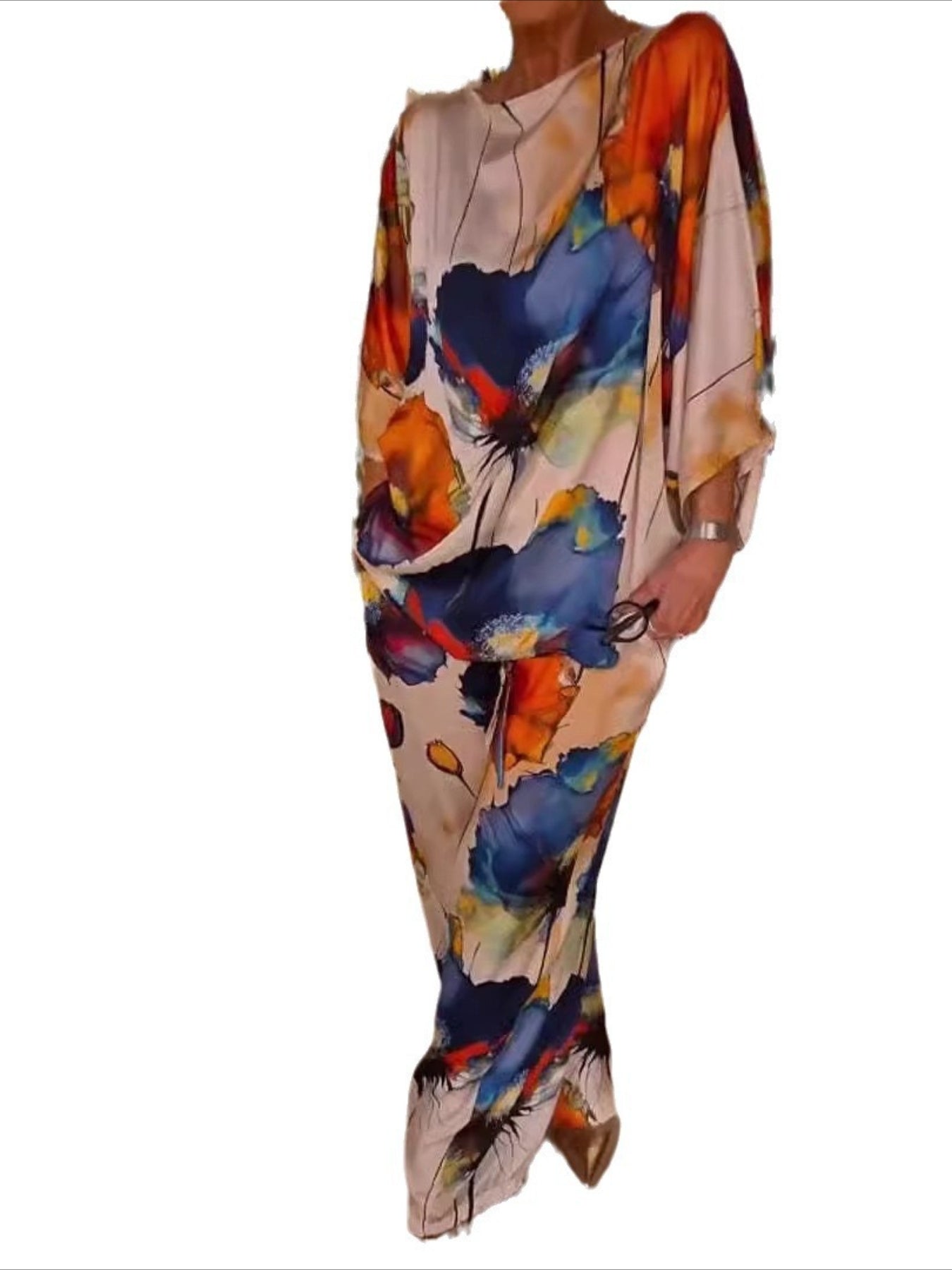 2 Pieces 3/4 Length Sleeve Crew Neck Floral Print Casual Pants Sets