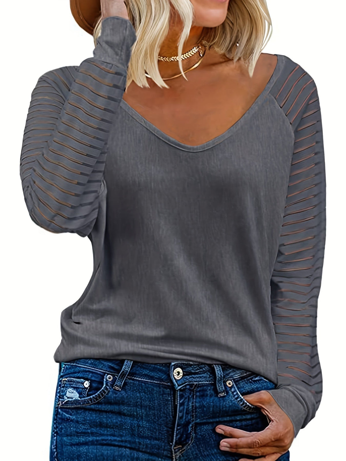 Striped Print Long Sleeve T-Shirt, Casual V Neck T-Shirt