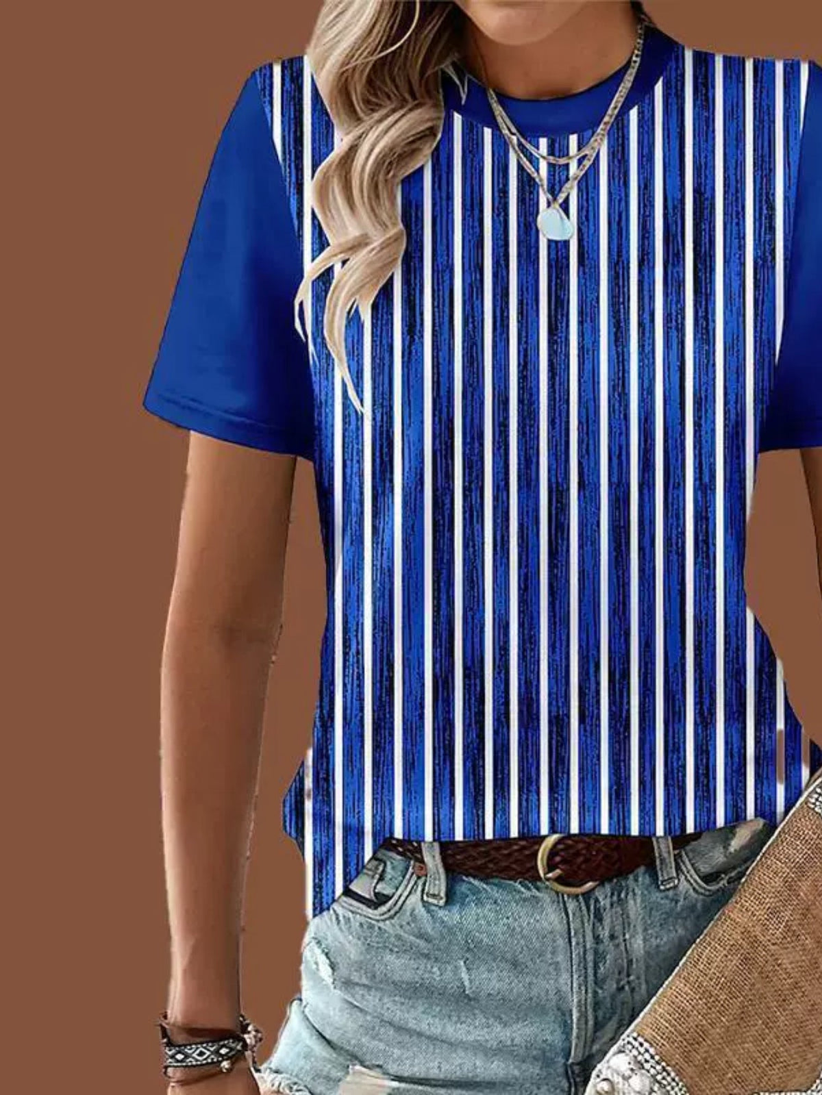 Casual Patchwork Pattern Round Neck Short Sleeve Loose Women T-Shirt