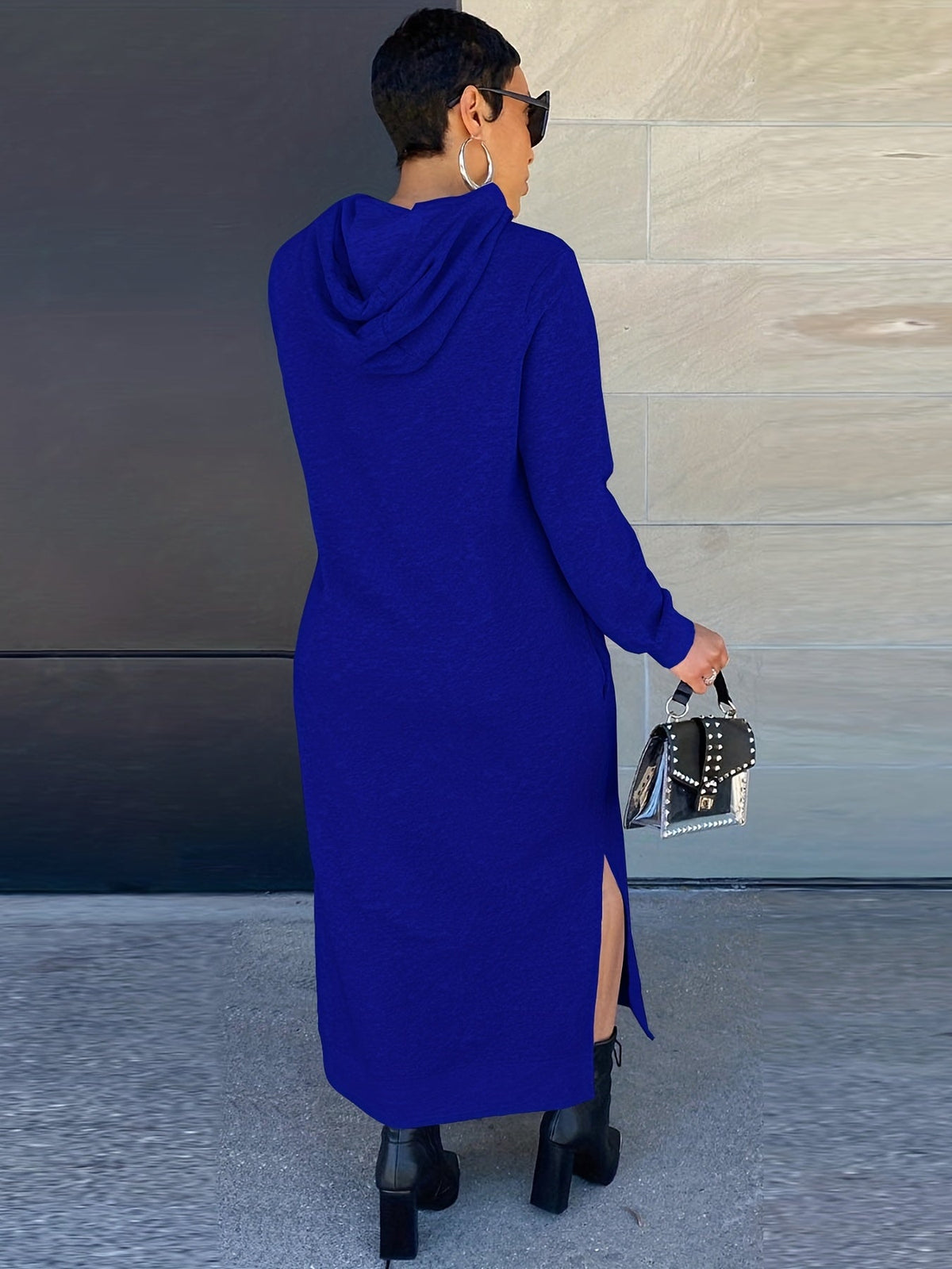 Drawstring Split Dress, Casual Hooded Long Sleeve Maxi Dress
