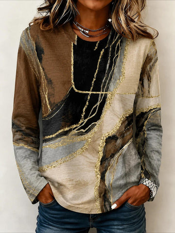 Crew Neck Long Sleeve Tunic Graphic Plaid T-shirt