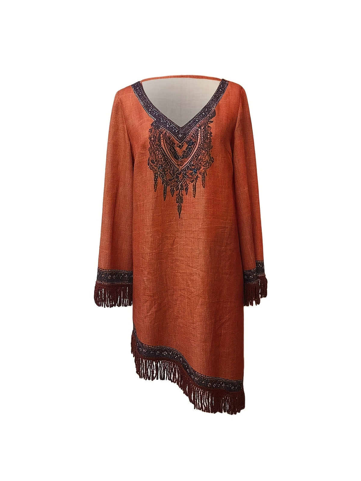 Elegant V-Neck Floral Pattern Fringe Detail and Long Sleeves Dress